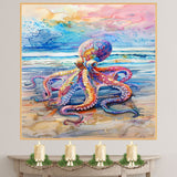 Watercolor Painting of a Multicolored Octopus on Seashore with Waves and Sky in Vivid Coastal Marine Scene on Ready to Hang 1.5" Thick Canvas Wrap, Floating Framed Canvas, Flat Rolled Canvas