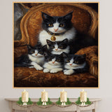 Regal Comfort: Tuxedo Cat Mom and Four Kittens on an Elegant Victorian Sofa on Ready to Hang 1.5" Thick Canvas Wrap, Floating Framed Canvas, Flat Rolled Canvas