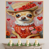 Elegant Devotion: Chihuahua in a European-Inspired Red Dress and Hat with a Heartfelt Touch Romantic Painting on Ready to Hang 1.5" Thick Canvas Wrap, Floating Framed Canvas, Flat Rolled Canvas