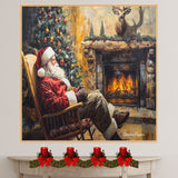 Santa Claus by the Fireplace with Stockings – Cozy Christmas Wall Art Print on Ready to Hang 1.5" Thick Canvas Wrap, Floating Framed Canvas, Flat Rolled Canvas