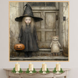 Hauntingly Sweet Halloween Scene with Little Witch Girl and Dressed-Up Cat Holding Pumpkin, Moody Autumn Atmosphere in Vintage-Style Front Porch Setting on Ready to Hang 1.5" Thick Canvas Wrap, Floating Framed Canvas, Flat Rolled Canvas