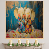 Heartwarming Painting of Two Cute Baby Elephants in Bright Pajamas Sitting Together on a Bed with Joyful Expressions and a Bold Abstract Background on Ready to Hang 1.5" Thick Canvas Wrap, Floating Framed Canvas, Flat Rolled Canvas