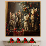 Christmas Magic: Four Adorable Kittens Under the Tree Retro Holiday Painting on Ready to Hang 1.5" Thick Canvas Wrap, Floating Framed Canvas, Flat Rolled Canvas