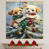 Two Baby Puppies in Red and Green Scarves Sharing Cocoa on Snowy Christmas Tree with Ornaments Holiday Art Print for Nursery or Cozy Winter Wall Decor on Ready to Hang 1.5" Thick Canvas Wrap, Floating Framed Canvas, Flat Rolled Canvas