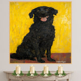 Thoughtful Black Dog Portrait in Oil – Vintage Gustav Klimt-Inspired Art on Yellow-Orange Backdrop on Ready to Hang 1.5" Thick Canvas Wrap, Floating Framed Canvas, Flat Rolled Canvas