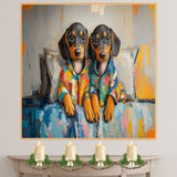 Painting of Two Cute Dachshund Puppies in Colorful Pajamas Sitting on a Bed with Big Eyes and Floppy Ears in a Whimsical Cozy Setting with Playful Brush Strokes on Ready to Hang 1.5" Thick Canvas Wrap, Floating Framed Canvas, Flat Rolled Canvas