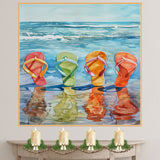 Vibrant Flip Flops on Wet Sand with Ocean Waves and Reflections in Watercolor Summer Beach Painting Illustration on Ready to Hang 1.5" Thick Canvas Wrap, Floating Framed Canvas, Flat Rolled Canvas