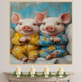 Adorable Painting of Two Cute Piglets in Colorful Pajamas Holding Hands with Happy Smiles Perfect for Farm Animal Lovers and Whimsical Nursery Themes on Ready to Hang 1.5" Thick Canvas Wrap, Floating Framed Canvas, Flat Rolled Canvas