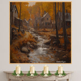 Autumn Country Road with Stream – Rustic Fall Landscape Oil Painting Print on Ready to Hang 1.5" Thick Canvas Wrap, Floating Framed Canvas, Flat Rolled Canvas