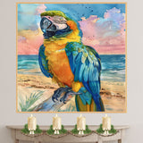 Colorful Parrot Watercolor Painting with Tropical Beach and Ocean Sunset Background on Ready to Hang 1.5" Thick Canvas Wrap, Floating Framed Canvas, Flat Rolled Canvas