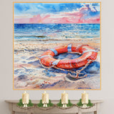 Watercolor Painting of a Life Ring with Anchor on Sandy Beach Beside Ocean Waves and Sunset Sky in Coastal Colors on Ready to Hang 1.5" Thick Canvas Wrap, Floating Framed Canvas, Flat Rolled Canvas