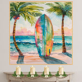 Watercolor Painting of Multicolored Surfboard Between Palm Trees on a Sunny Beach on Ready to Hang 1.5" Thick Canvas Wrap, Floating Framed Canvas, Flat Rolled Canvas