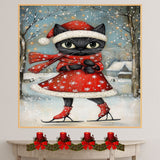 Christmas Wall Art Featuring Cute Black Cat in Red Santa Dress Ice Skating Through a Snowy Forest Whimsical Holiday Illustration for Winter Decor and Cat Lovers on Ready to Hang 1.5" Thick Canvas Wrap, Floating Framed Canvas, Flat Rolled Canvas