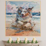 Watercolor Painting of a Fluffy Dog Running on the Beach with Splashes of Sand and Ocean Waves under a Pastel Sunset Sky on Ready to Hang 1.5" Thick Canvas Wrap, Floating Framed Canvas, Flat Rolled Canvas