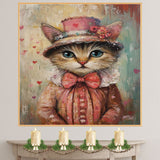 Graceful Affection: Cat in an Elegant European Pink Dress and Hat with a Heartfelt Touch Romantic Classic Painting on Ready to Hang 1.5" Thick Canvas Wrap, Floating Framed Canvas, Flat Rolled Canvas