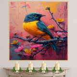Golden Yellow and Blue Songbird on a Flowering Branch with Pink and Coral Abstract Background on Ready to Hang 1.5" Thick Canvas Wrap, Floating Framed Canvas, Flat Rolled Canvas