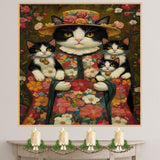 Blossom Embrace: Tuxedo Cat Mom Carrying Three Kittens in a Floral Wonderland on Ready to Hang 1.5" Thick Canvas Wrap, Floating Framed Canvas, Flat Rolled Canvas