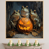 Halloween Wall Art with Frogs and Glowing Jack-o’-Lantern Fun Retro-Style Painting for Frog Lovers and Spooky Seasonal Décor in Rustic Autumn Setting on Ready to Hang 1.5" Thick Canvas Wrap, Floating Framed Canvas, Flat Rolled Canvas