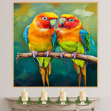 Vibrant Parakeet Pair Artwork Featuring Orange Yellow and Green Plumage with Blue Accents on a Branch Against a Smooth Brushstroke Teal and Olive Background on Ready to Hang 1.5" Thick Canvas Wrap, Floating Framed Canvas, Flat Rolled Canvas