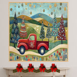 Festive Red Truck Carrying Decorated Christmas Trees Across Rolling Hills Under a Starry Winter Sky on Ready to Hang 1.5" Thick Canvas Wrap, Floating Framed Canvas, Flat Rolled Canvas