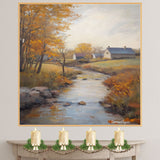 Autumn Light – Tranquil Stream Through the Village on Ready to Hang 1.5" Thick Canvas Wrap, Floating Framed Canvas, Flat Rolled Canvas