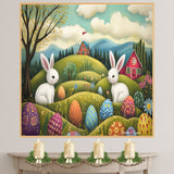 Playful Easter Bunnies with Colorful Eggs in Spring Hills – Whimsical Folk Art Wall Print on Ready to Hang 1.5" Thick Canvas Wrap, Floating Framed Canvas, Flat Rolled Canvas