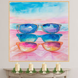 Watercolor Painting of Three Colorful Sunglasses with Ocean Beach Background in Vibrant Summer Tones on Ready to Hang 1.5" Thick Canvas Wrap, Floating Framed Canvas, Flat Rolled Canvas