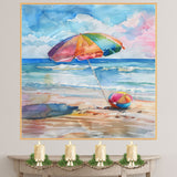 Watercolor Painting of Vibrant Beach Umbrella and Ball on Shoreline with Soft Ocean Waves and Pastel Sky for Summer Vibes on Ready to Hang 1.5" Thick Canvas Wrap, Floating Framed Canvas, Flat Rolled Canvas