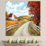 Autumn Country Road with Red Barn Tree – Folk Art Landscape Print of Peaceful Farmhouse Scene on Ready to Hang 1.5" Thick Canvas Wrap, Floating Framed Canvas, Flat Rolled Canvas