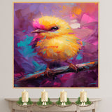 Modern Baby Bird Painting with Vivid Color Contrast Featuring Blue Pink and Yellow Feathers in Oil Style Brushwork for Artistic Home or Office Spaces on Ready to Hang 1.5" Thick Canvas Wrap, Floating Framed Canvas, Flat Rolled Canvas