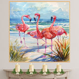 Vibrant Flamingos on Beach with Ocean Waves and Coastal Grasses in Watercolor Seaside Illustration on Ready to Hang 1.5" Thick Canvas Wrap, Floating Framed Canvas, Flat Rolled Canvas