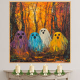 Colorful Ghosts in Autumn Forest – Whimsical Halloween Wall Art on Ready to Hang 1.5" Thick Canvas Wrap, Floating Framed Canvas, Flat Rolled Canvas