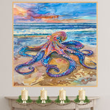 Watercolor Painting of a Colorful Octopus on Seashore with Ocean Waves and Dramatic Sky in Vibrant Coastal Sunset Scene on Ready to Hang 1.5" Thick Canvas Wrap, Floating Framed Canvas, Flat Rolled Canvas
