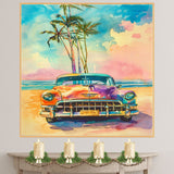 Watercolor Painting of Retro Car on Tropical Beach with Palm Trees and Colorful Sky Background on Ready to Hang 1.5" Thick Canvas Wrap, Floating Framed Canvas, Flat Rolled Canvas