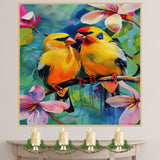 Charming Yellow Bird Pair Artwork Featuring Bright Plumage and Blossoms on a Branch with a Lush Floral Background in Vivid Colors and Whimsical Style on Ready to Hang 1.5" Thick Canvas Wrap, Floating Framed Canvas, Flat Rolled Canvas