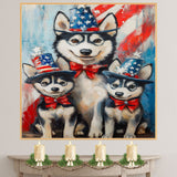 Patriotic Paws: Siberian Husky Mom with Two Puppies Under the Stars & Stripes - Proud American-Themed Painting on Ready to Hang 1.5" Thick Canvas Wrap, Floating Framed Canvas, Flat Rolled Canvas