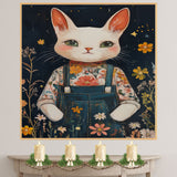 Whimsical White Cat in Floral Overalls Hand Painted Art Starry Night Background Perfect for Nursery Kids Room Home Wall Decor Bedroom or Animal Lovers Gift on Ready to Hang 1.5" Thick Canvas Wrap, Floating Framed Canvas, Flat Rolled Canvas