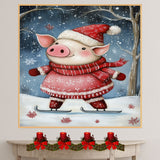Whimsical Christmas Pig Ice Skating in Red Snowflake Dress and Scarf – Cute Holiday Animal Wall Art, Festive Nursery Decor or Winter Gift on Ready to Hang 1.5" Thick Canvas Wrap, Floating Framed Canvas, Flat Rolled Canvas