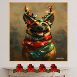 Rustic Antlers - Belgian Malinois Dog with Lighted Antlers & Festive Scarf on Rustic Canvas, Ready to Hang 1.5" Thick Canvas Wrap, Floating Framed Canvas, Flat Rolled Canvas