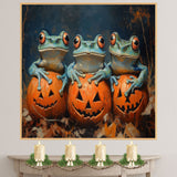 Halloween Wall Art Featuring Three Frogs with Carved Pumpkins Fun Retro-Style Frog Painting for Spooky Fall Home Décor and Unique Seasonal Animal Lovers on Ready to Hang 1.5" Thick Canvas Wrap, Floating Framed Canvas, Flat Rolled Canvas