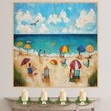 Colorful Beach Day Folk Art – Coastal Wall Print with Umbrellas & Ocean View on Ready to Hang 1.5" Thick Canvas Wrap, Floating Framed Canvas, Flat Rolled Canvas