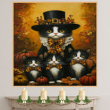 Autumn Whiskers: Tuxedo Cat Mom and Three Kittens Among Pumpkin on Ready to Hang 1.5" Thick Canvas Wrap, Floating Framed Canvas, Flat Rolled Canvas