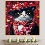 Love & Grace: Tuxedo Cat in a Heart-Adorned Floral Hat and Suit - Sophisticated Valentine's Painting on Ready to Hang 1.5" Thick Canvas Wrap, Floating Framed Canvas, Flat Rolled Canvas