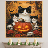 Haunted Forest Whispers: Tuxedo Cat Mom and Two Kittens with Pumpkin and Skeleton on Ready to Hang 1.5" Thick Canvas Wrap, Floating Framed Canvas, Flat Rolled Canvas