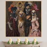 Victorian Dog Art Print of Four Elegant Pug Ladies in Gowns Perfect Gift for Dog Lovers Unique Pet Decor for Home Office or Whimsical Wall Display on Ready to Hang 1.5" Thick Canvas Wrap, Floating Framed Canvas, Flat Rolled Canvas