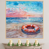 Watercolor Painting of a Lifebuoy on the Beach with Ocean Waves and Colorful Sunset Sky in Coastal Summer Style on Ready to Hang 1.5" Thick Canvas Wrap, Floating Framed Canvas, Flat Rolled Canvas
