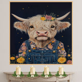 Highland Cow Wall Art Cute Cow in Overalls and Flowers Rustic Farmhouse Decor for Bedroom Nursery or Gifts for Animal Lovers and Country Home Fans on Ready to Hang 1.5" Thick Canvas Wrap, Floating Framed Canvas, Flat Rolled Canvas