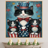 Stars, Stripes & Whiskers: Tuxedo Cat Mom with Two Kittens in a Patriotic Setting - American-Themed Painting on Ready to Hang 1.5" Thick Canvas Wrap, Floating Framed Canvas, Flat Rolled Canvas