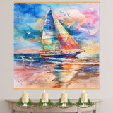 Watercolor Painting of Multicolored Sailboat on Ocean with Birds and Sunset Reflections in the Waves on Ready to Hang 1.5" Thick Canvas Wrap, Floating Framed Canvas, Flat Rolled Canvas