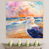 Watercolor Seagull by Ocean Waves with Vibrant Sunset Sky in a Coastal Wildlife Seaside Scene on Ready to Hang 1.5" Thick Canvas Wrap, Floating Framed Canvas, Flat Rolled Canvas